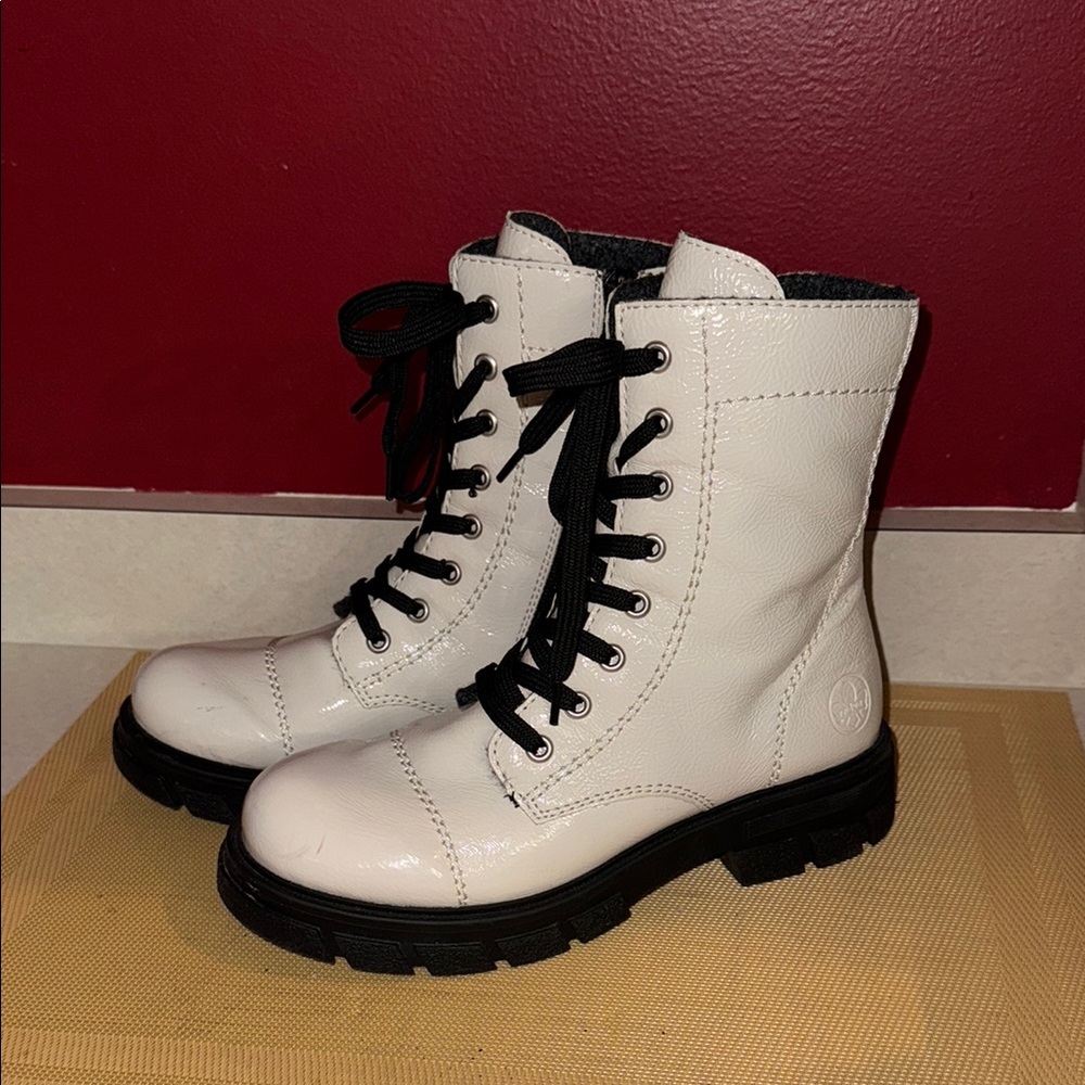 Rieker White Leather Combat Boots